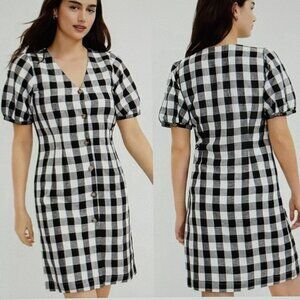 LOFT Black White Buffalo Check Plaid Linen Button Front Shirt Dress Size 2